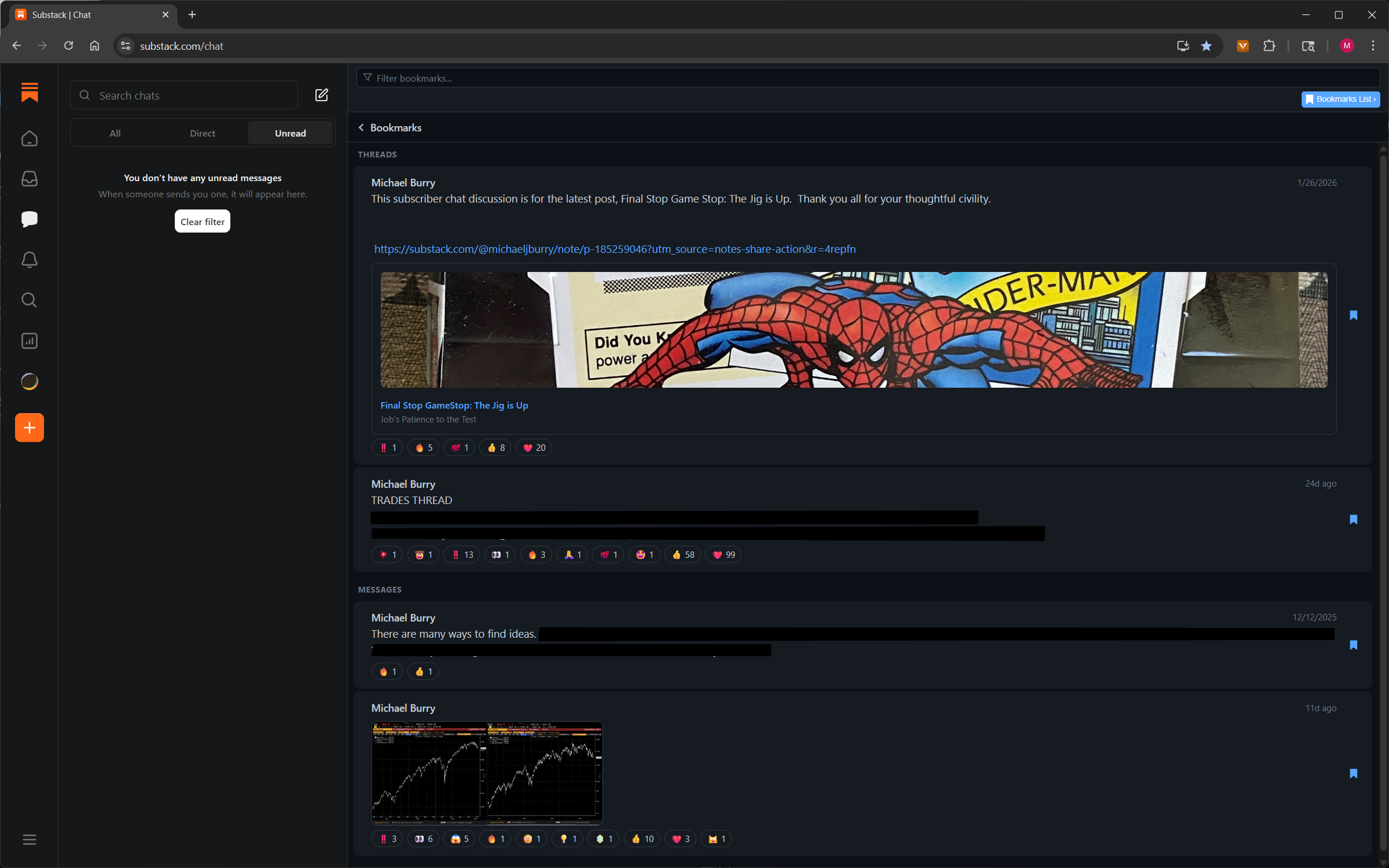 Vurro bookmarks panel in Substack chat